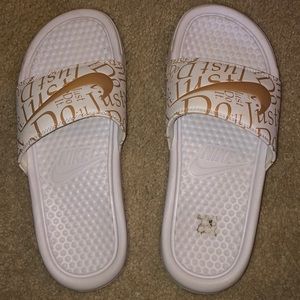 Women’s White and Gold Nike Slide Sandals